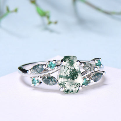 Unique Coffin Cut Moss Agate Ring Split Shank Engagement Ring Cluster Emerald Agate Wedding Ring MARRIED TILL BURIED Green Promise Ring Gift - PENFINE