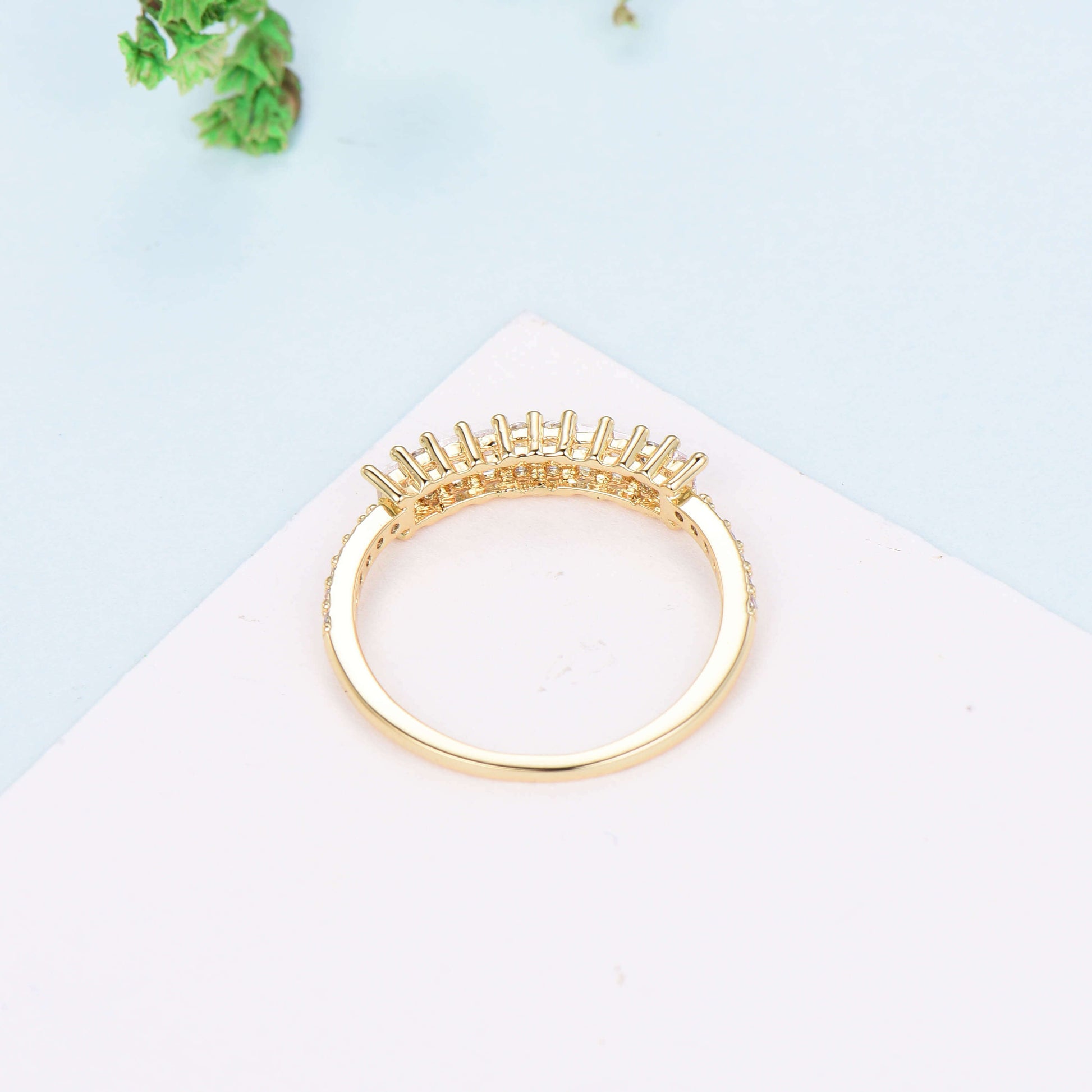 Baguette cut moissanite wedding ring Unique Half Eternity Moissanite Stacking matching ring Bridal ring,Yellow gold Anniversary band ring - PENFINE