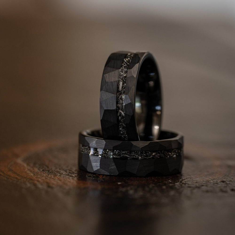 8mm tungsten gold men's wedding band steel hammered black ring inlaid with broken meteorite - PENFINE