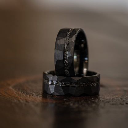 8mm tungsten gold men's wedding band steel hammered black ring inlaid with broken meteorite - PENFINE