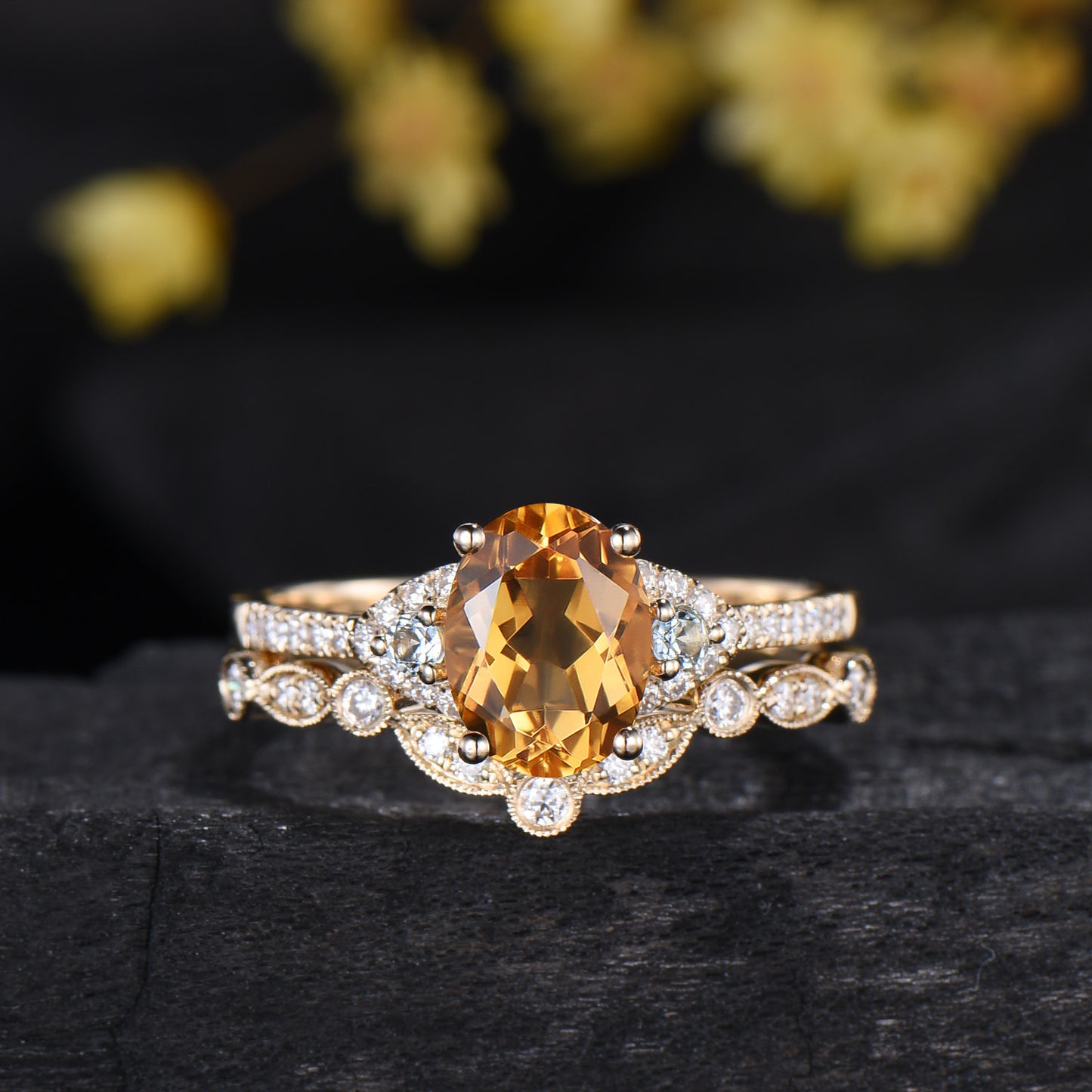 Oval Cut Natural Citrine Engagement Ring Diamond Matching Band Cluster Bridal Set