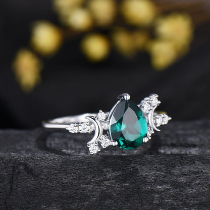 Vintage emerald engagement ring crescent moon pear shaped green gemstone promise ring Unique cluster moissanite anniversary gift for Women