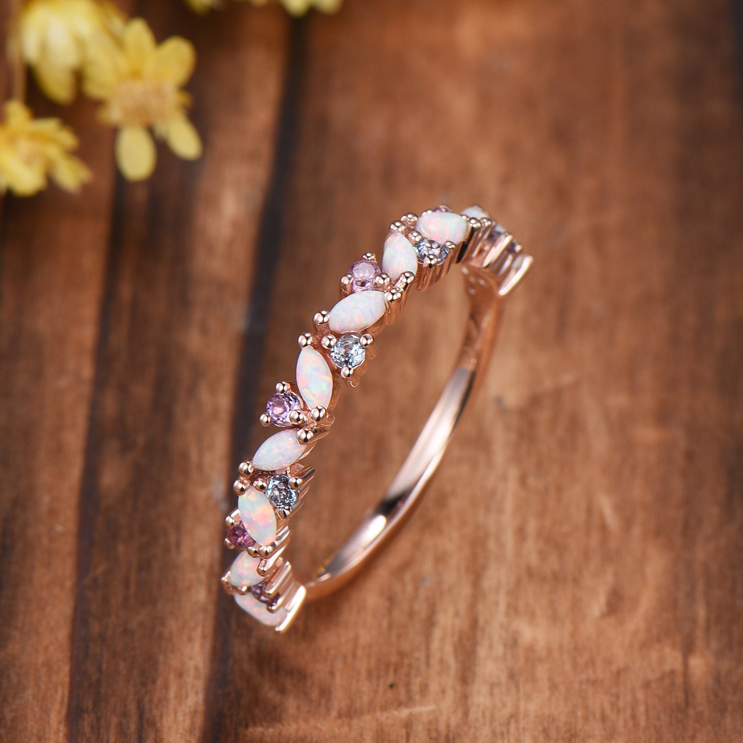 Marquise Opal Wedding Band: Alternative alexandrite amethyst Solid Gold Anniversary Ring