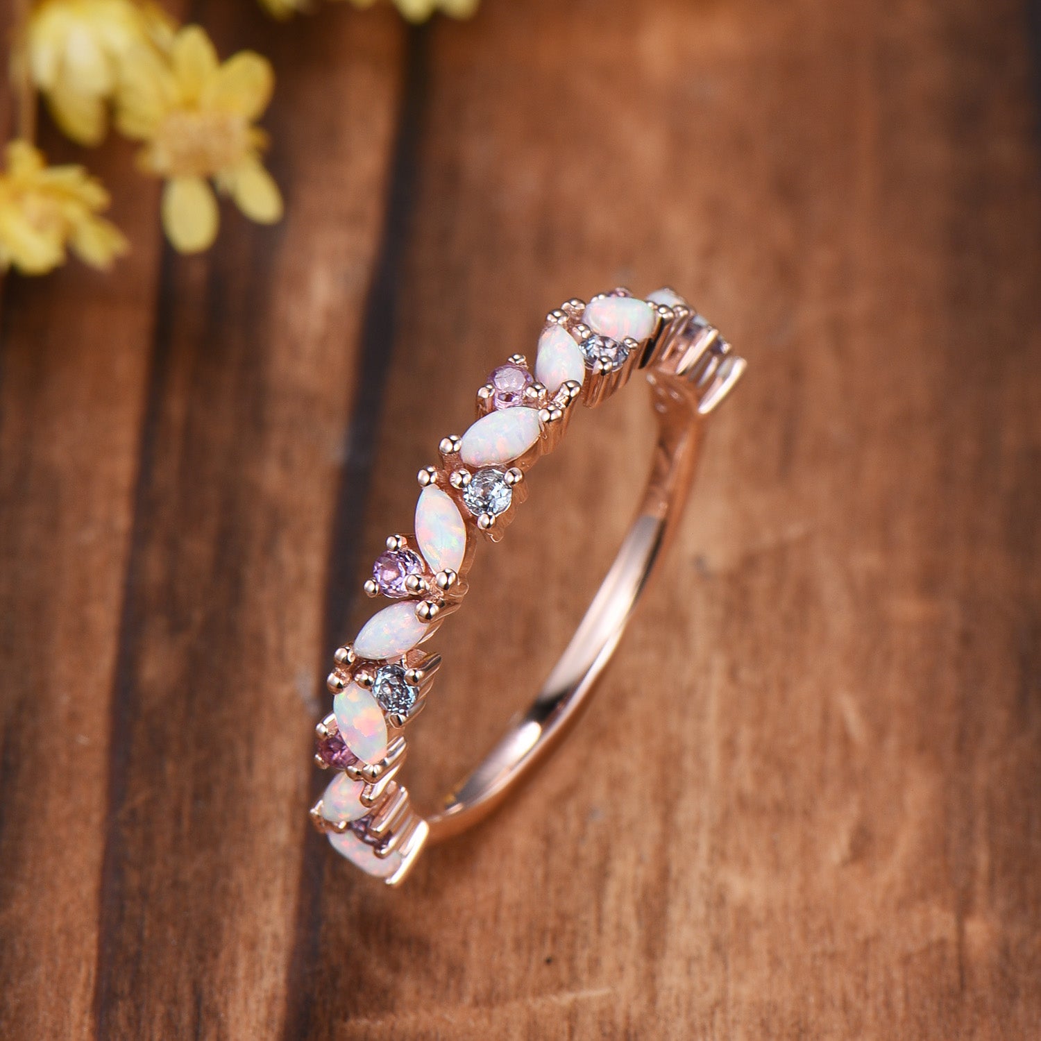 Marquise Opal Wedding Band: Alternative alexandrite amethyst Solid Gold Anniversary Ring