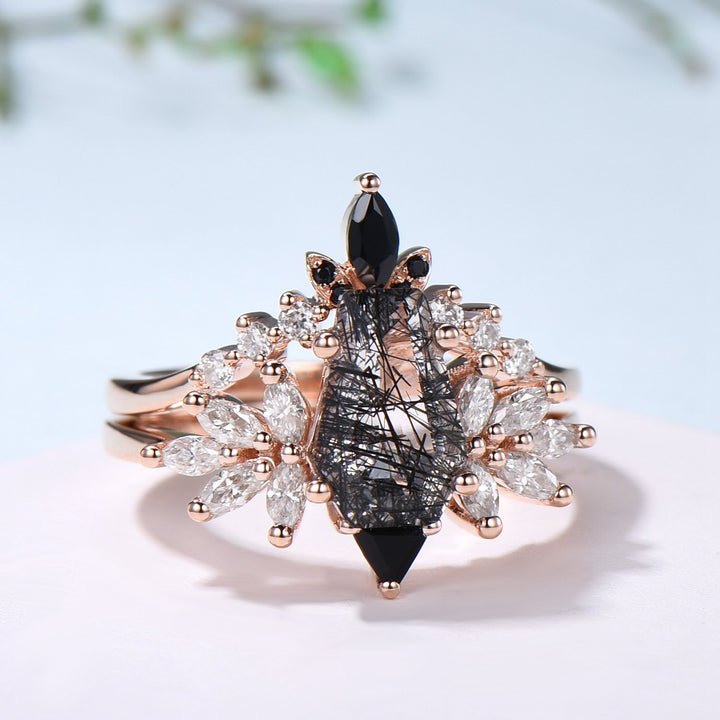 Unique Coffin Cut Black Rutilated Engagement Ring Set Art Deco Marquise Black Quartz Wedding Ring Moissanite Bridal Ring Birthday Gift Women - PENFINE