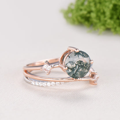 Unique Two Tone Rose White Gold Moss Agate Ring, 7mm Round Agate Split Shank Engagement Ring Twisted Diamond Band Unique Anniversary Gift