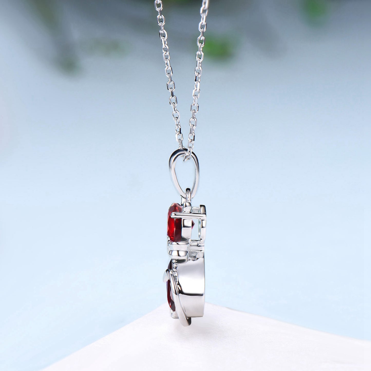 Dainty cat garnet pendant necklace art deco silver white gold Bow January birthstone necklace unique personalized anniversary gift for women - PENFINE