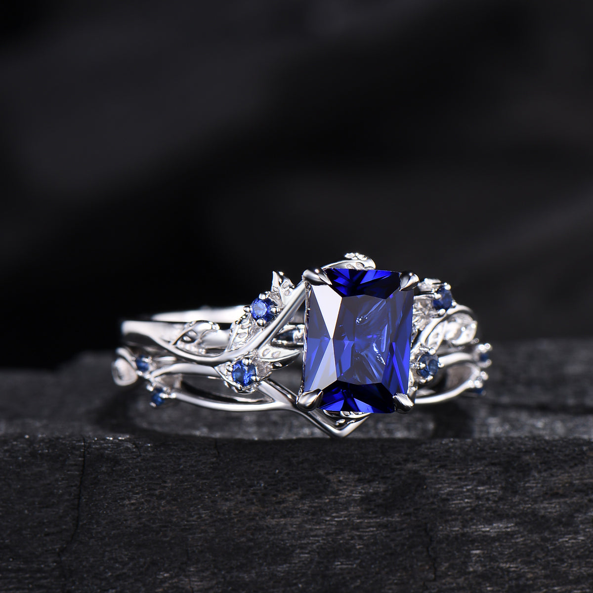 Vintage Emerald cut blue sapphire engagement ring set Nature inspired sapphire wedding ring set white gold leaf vine bridal set for women
