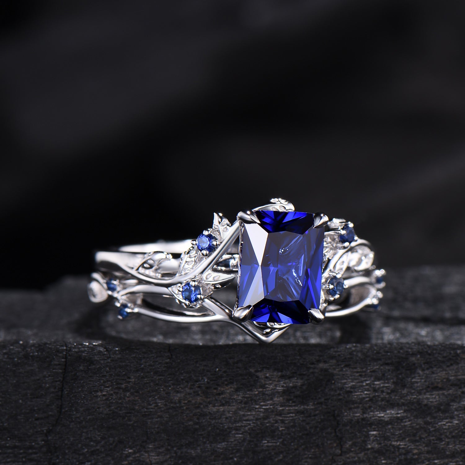 Vintage Emerald cut blue sapphire engagement ring set Nature inspired sapphire wedding ring set white gold leaf vine bridal set for women
