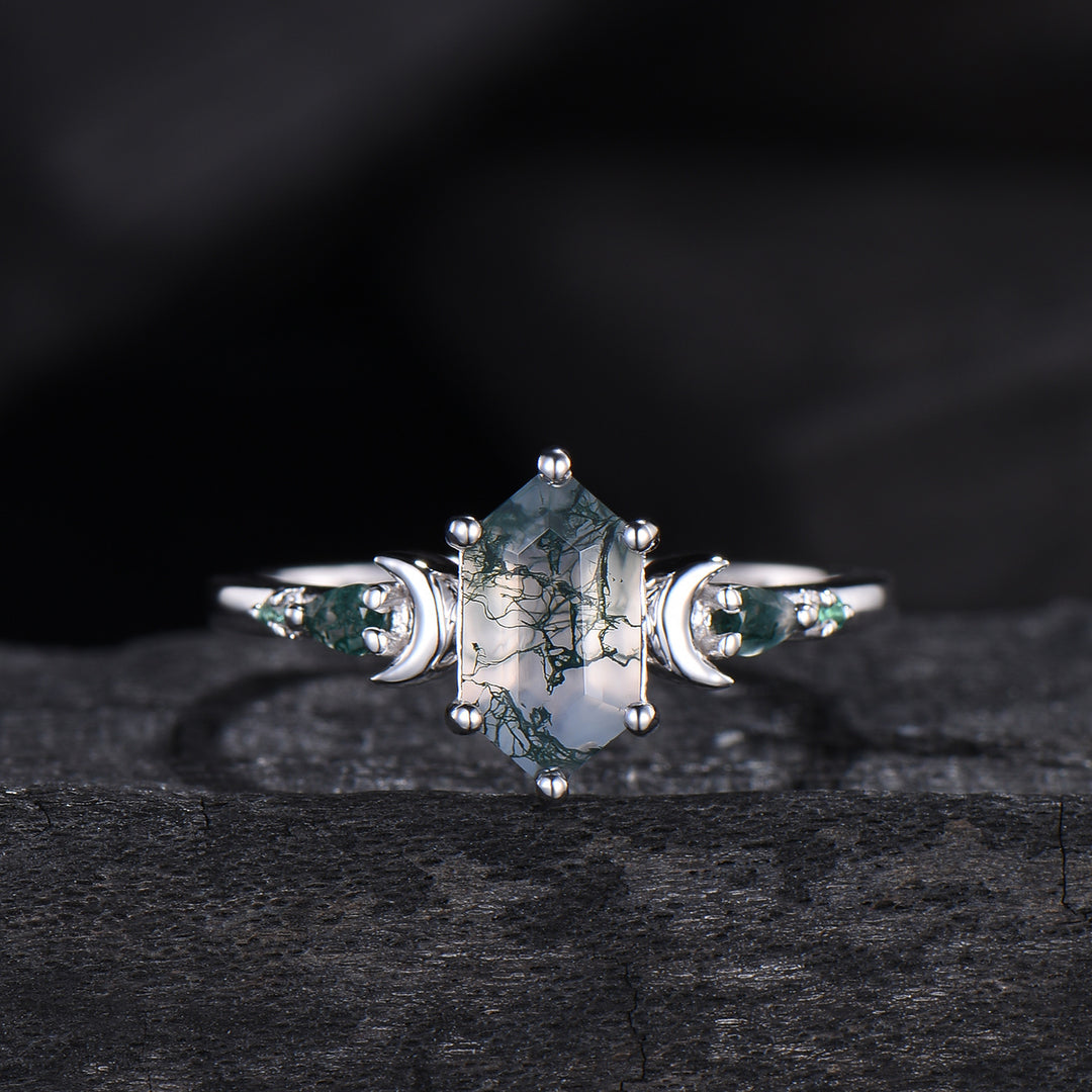 Elongated Hexagon Moss Agate Engagement Ring | Crescent Moon Vintage Gothic Ring