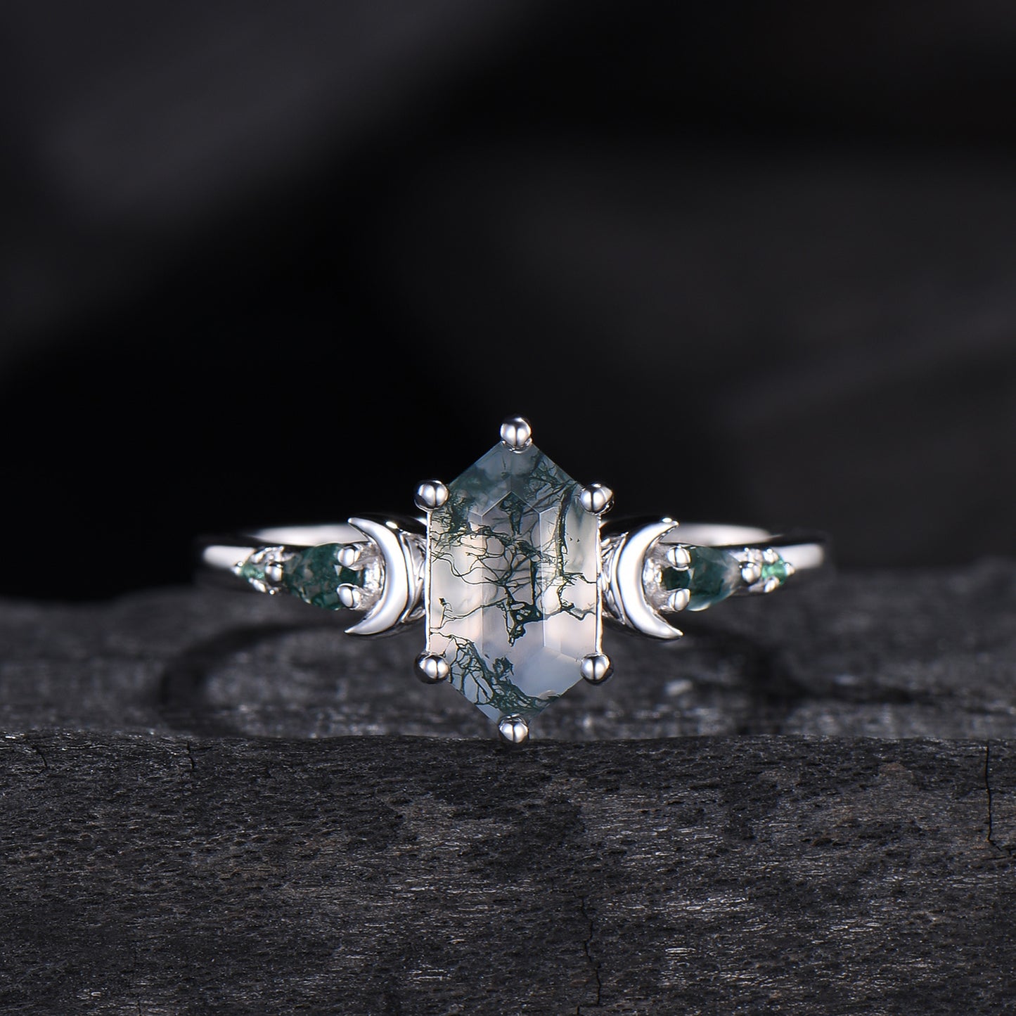 Elongated Hexagon Moss Agate Engagement Ring | Crescent Moon Vintage Gothic Ring