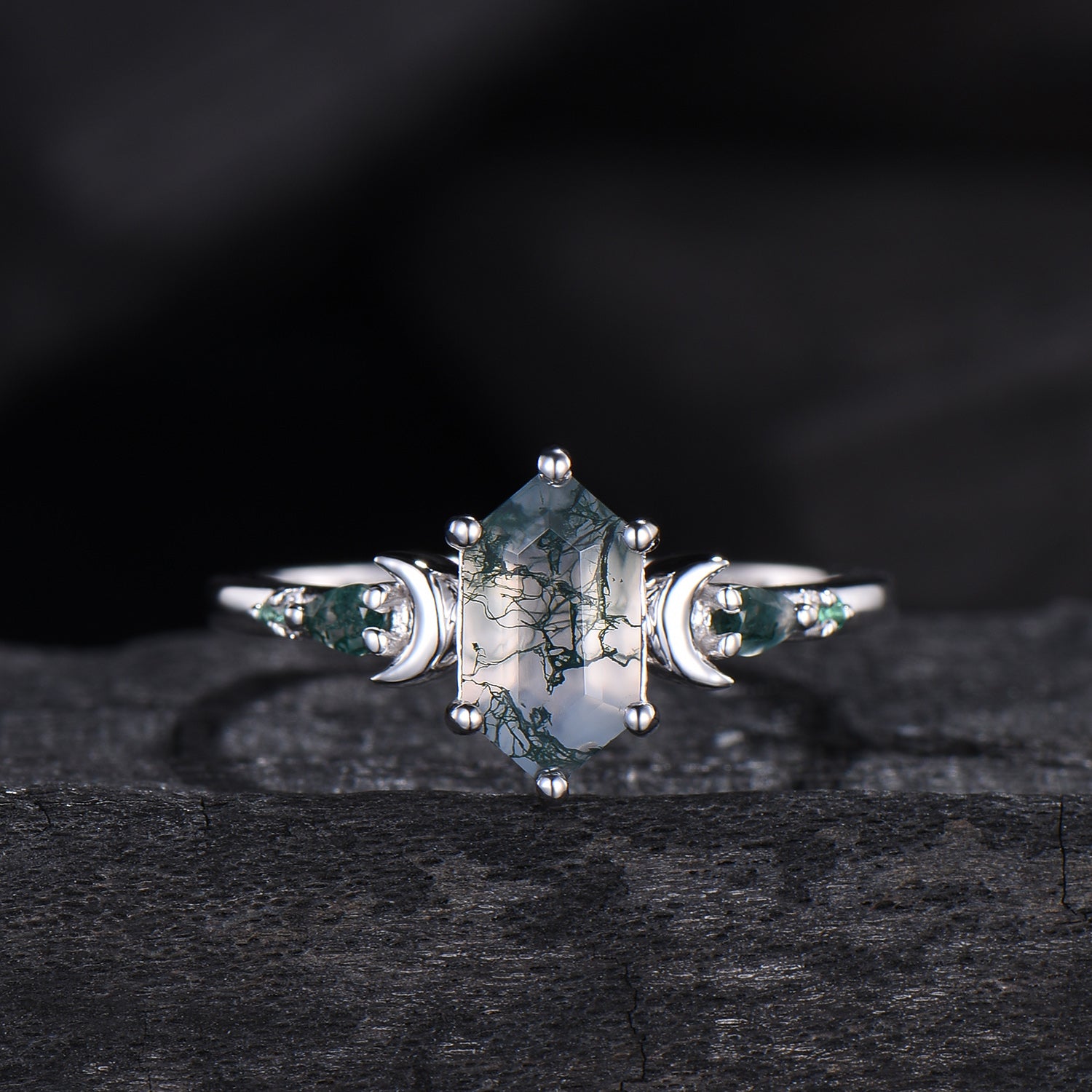 Elongated Hexagon Moss Agate Engagement Ring | Crescent Moon Vintage Gothic Ring