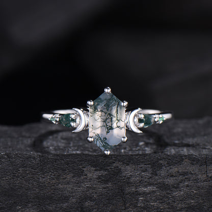 Elongated Hexagon Moss Agate Engagement Ring | Crescent Moon Vintage Gothic Ring