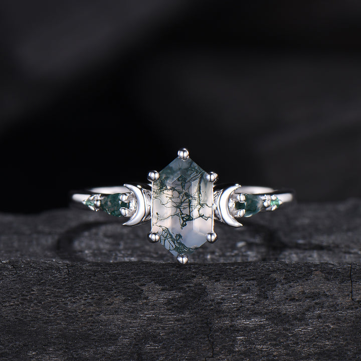 Elongated Hexagon Moss Agate Engagement Ring | Crescent Moon Vintage Gothic Ring