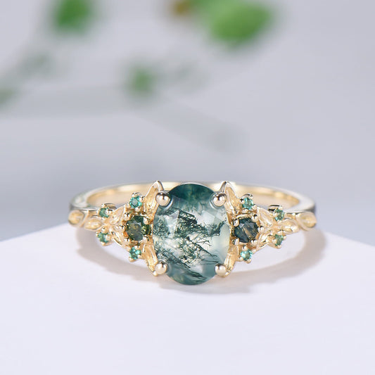 1.5CT Oval Moss Agate Engagement Ring Unique Leaf Green Agate Cluster Emerald Wedding Ring White Gold Bridal Promise Ring Anniversary Gift