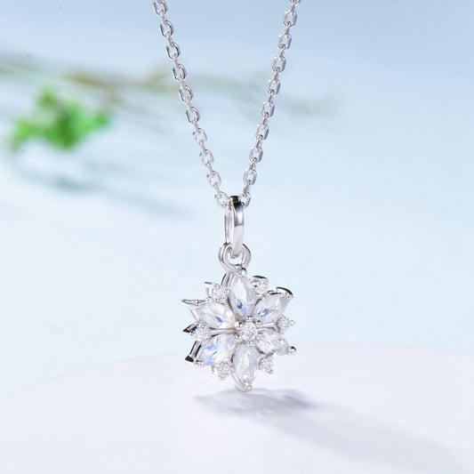 Vintage Snowflake Moonstone Pendant Necklace Unique Retro Marquise Moonstone Necklace Floral Flower Pendant June Birthstone Christmas gift - PENFINE