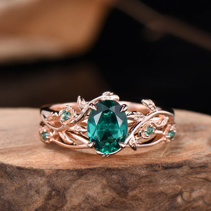 Emerald Floral Ring Set: Rose Gold Twig, Leaf, Art Deco Bridal Ring