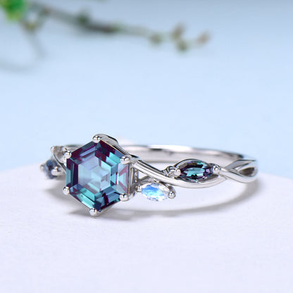 Vintage Hexagon cut Alexandrite engagement ring five stone marquise moonstone wedding ring June birthstone split shank anniversary ring gift - PENFINE