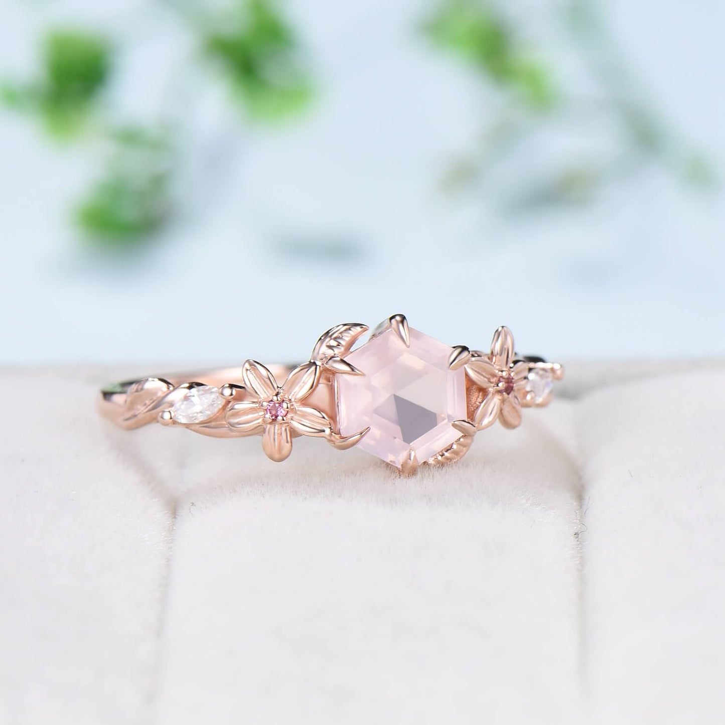 Nature Inspired Flower Rose Quartz Engagement Ring Vintage Unique Retro Pink Tourmaline Wedding Ring Leaves Twisted Wedding Ring For Women - PENFINE