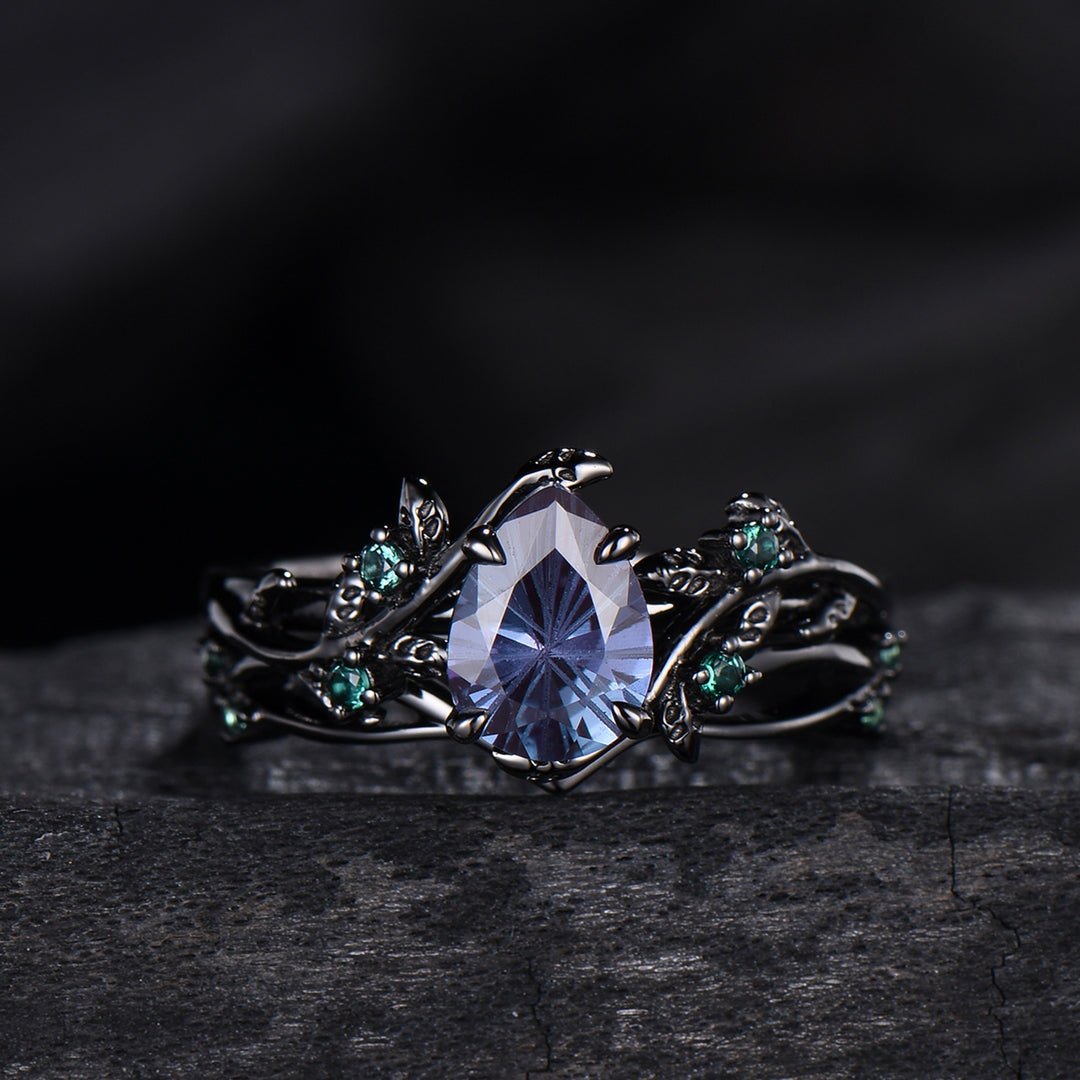Fireworks Cut Alexandrite Engagement Ring Set Twig Vine Nature Inspired Black Gold Emerald Cluster Bridal Set