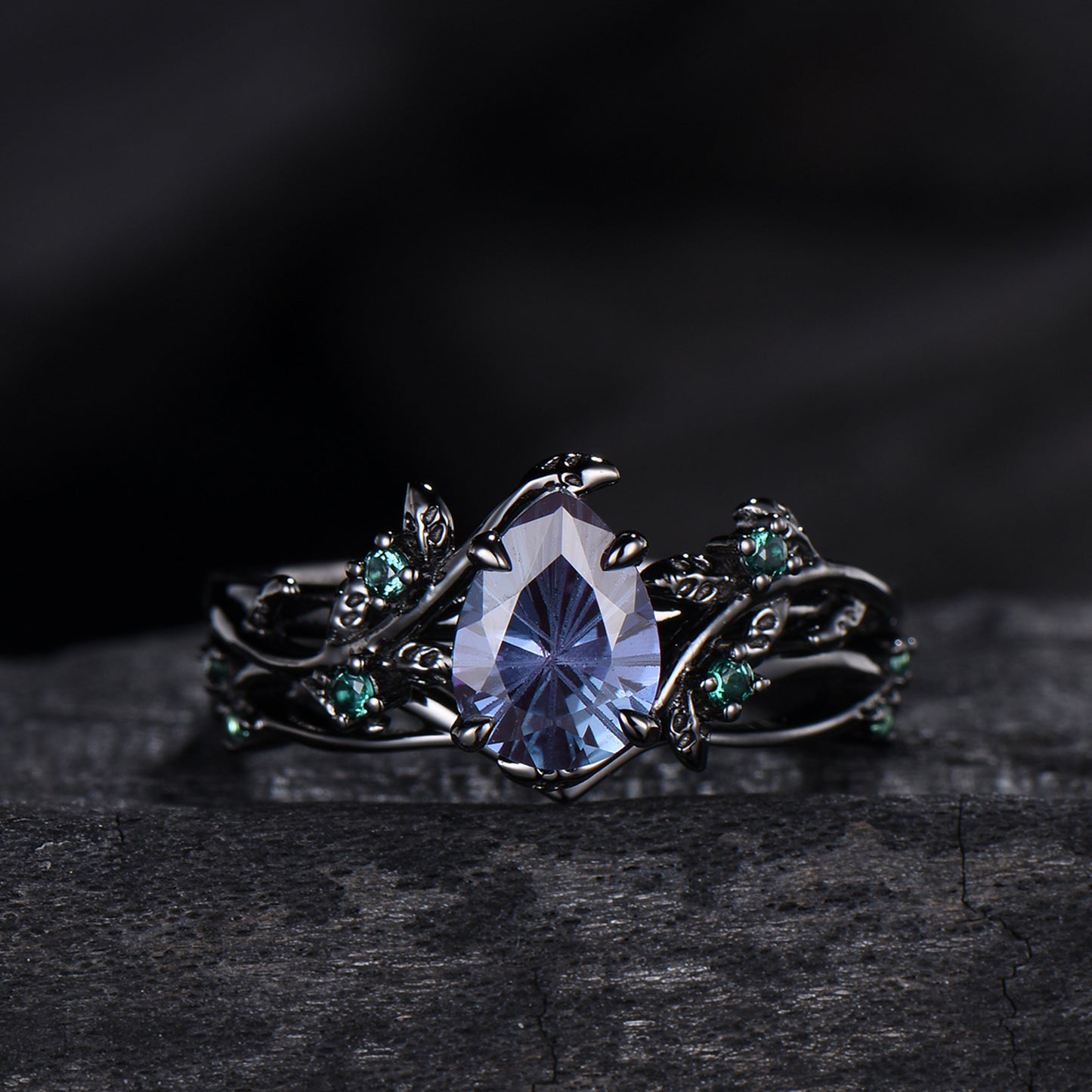 Fireworks Cut Alexandrite Engagement Ring Set Twig Vine Nature Inspired Black Gold Emerald Cluster Bridal Set
