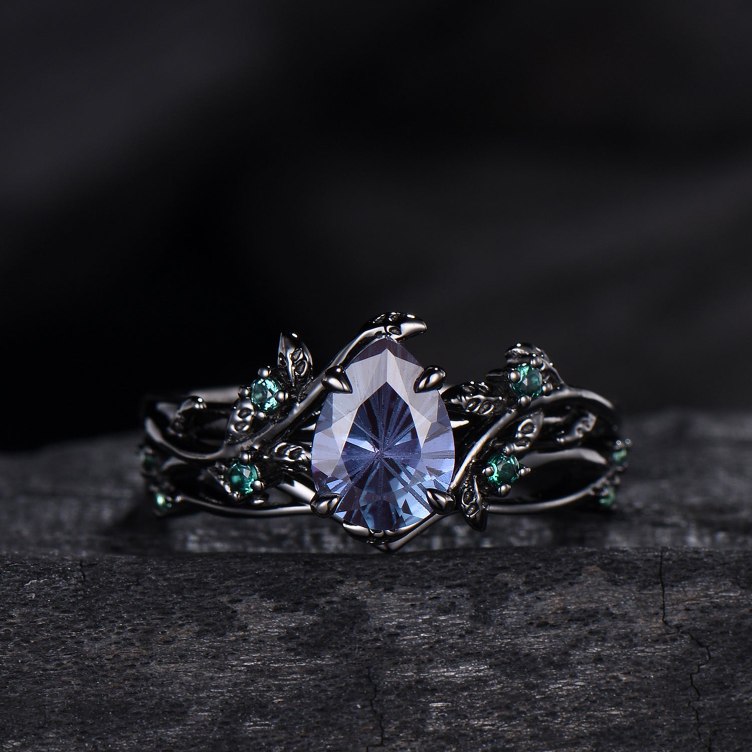 Fireworks Cut Alexandrite Engagement Ring Set Twig Vine Nature Inspired Black Gold Emerald Cluster Bridal Set