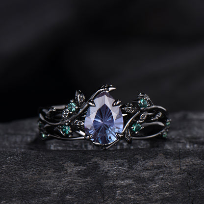 Fireworks Cut Alexandrite Engagement Ring Set Twig Vine Nature Inspired Black Gold Emerald Cluster Bridal Set