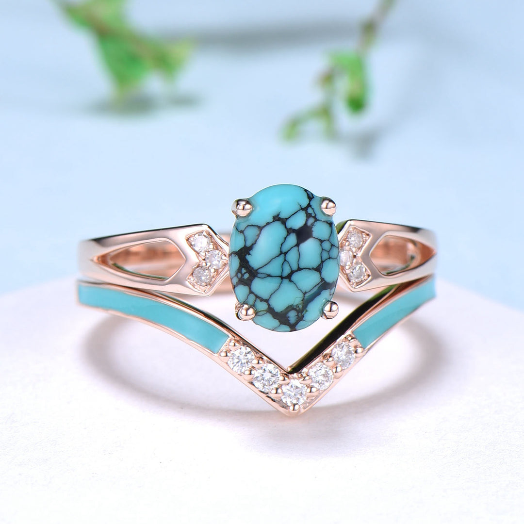 Unique Oval Turquoise engagement ring set 14k white gold vintage