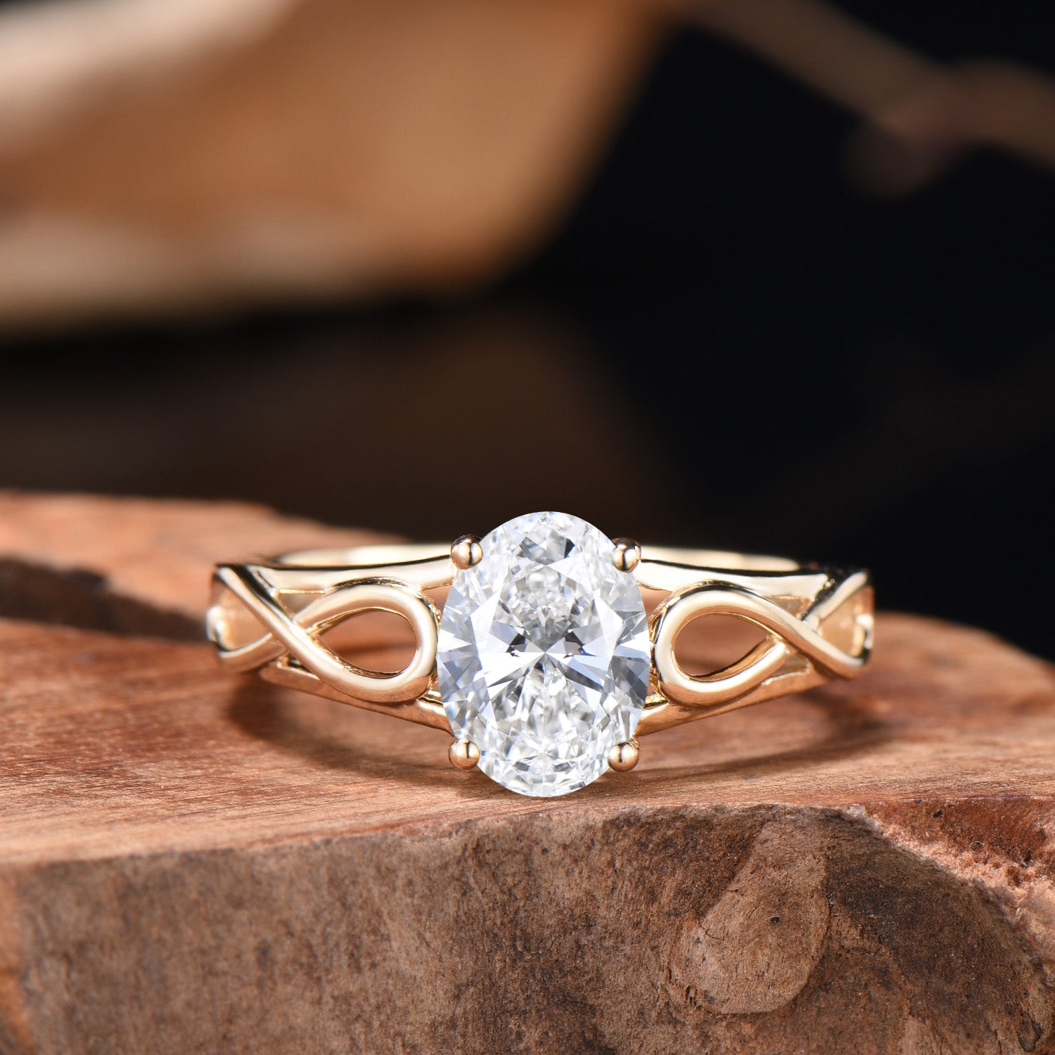 Oval Moissanite Engagement Ring, 14k Yellow Gold Infinite Love Band