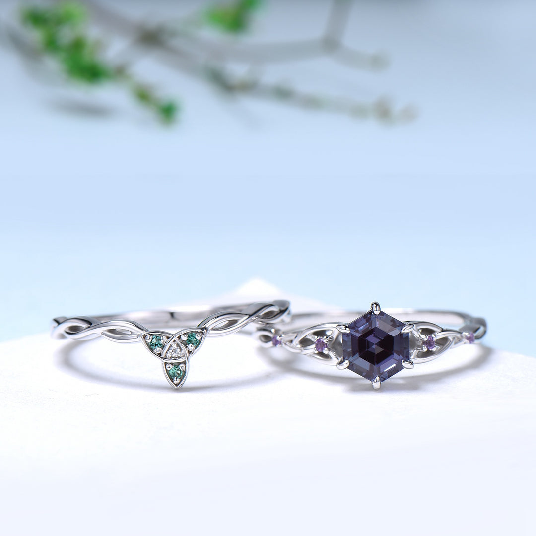 Norse Viking Hexagon Alexandrite Ring Set Celtic Love Knot Alexandrite Amethyst Engagement Ring Unique Twisted Wedding Ring Set For Women - PENFINE