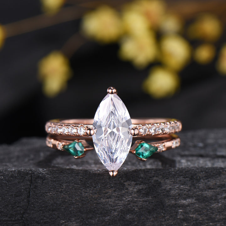 1CT IGI Certified Marquise Cut Lab Grown Diamond Engagement Ring Set 14K Rose Gold Pave Diamond Bridal Wedding Jewelry Promise Gift