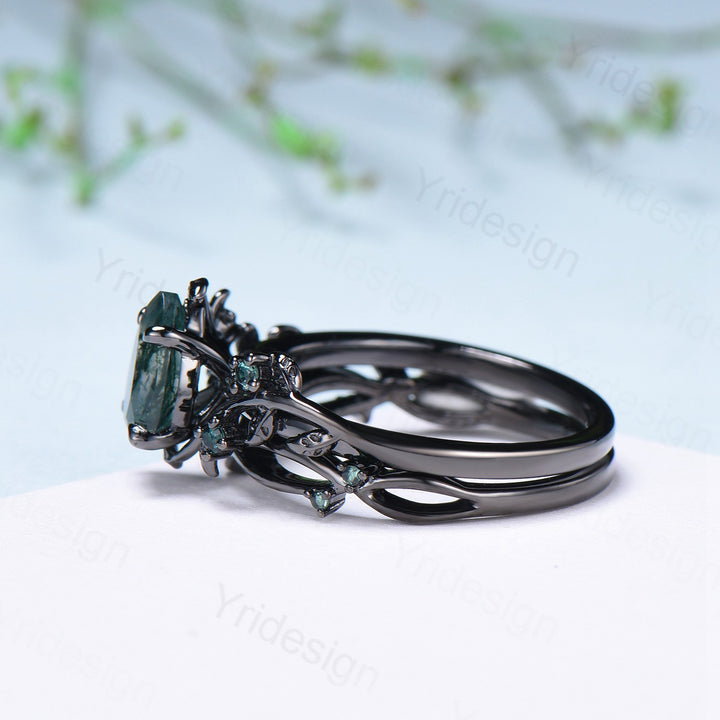 Black gold pear shaped moss agate wedding ring set, Nature inspired green agate twig vine engagement ring set, Leafy bridal ring set for her - PENFINE