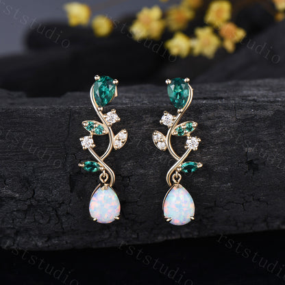 Nature Inspired Pear Shaped White Opal Earrings Emerald Fire Opal Leaf Stud Earrings Silver Earrings Handmade Anniversary Promise Gift