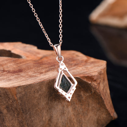 Vintage 1CT Kite Cut Moss Agate Necklace Silver White Gold Green Agate Diamond Pendant Necklace Anniversary Gift for Women