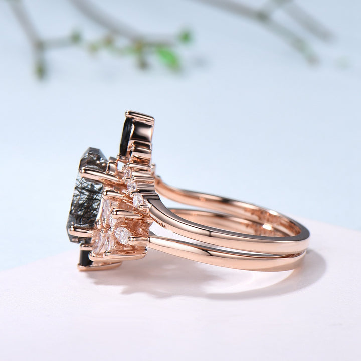 Unique Coffin Cut Black Rutilated Engagement Ring Set Art Deco Marquise Black Quartz Wedding Ring Moissanite Bridal Ring Birthday Gift Women - PENFINE