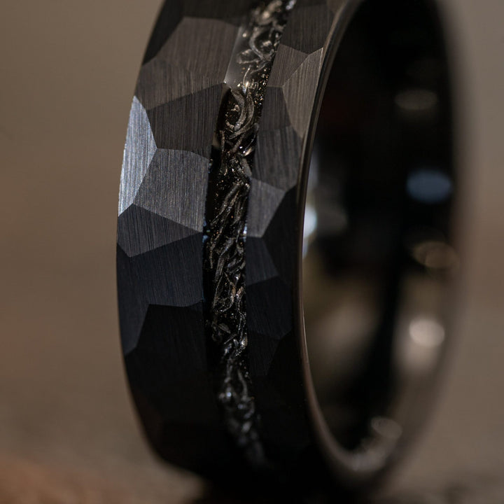 8mm tungsten gold men's wedding band steel hammered black ring inlaid with broken meteorite - PENFINE