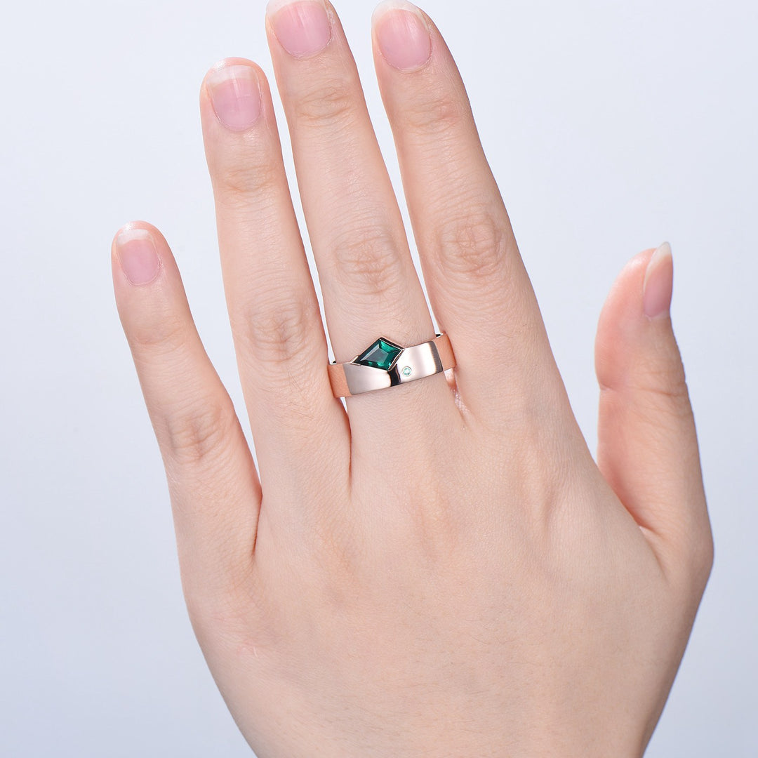 One Of a Kind Emerald Wedding Band For Men Unique Kite Cut Emerald Men's Wedding Ring 6mm Stacking Anniversary Matching Band Christmas Gift - PENFINE