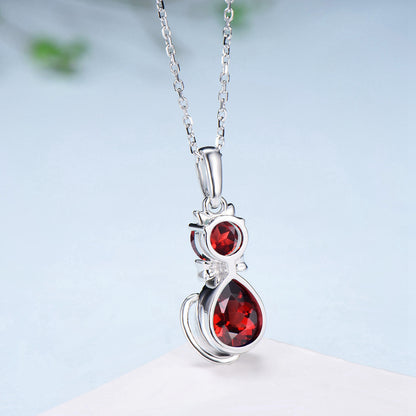 Dainty cat garnet pendant necklace art deco silver white gold Bow January birthstone necklace unique personalized anniversary gift for women - PENFINE