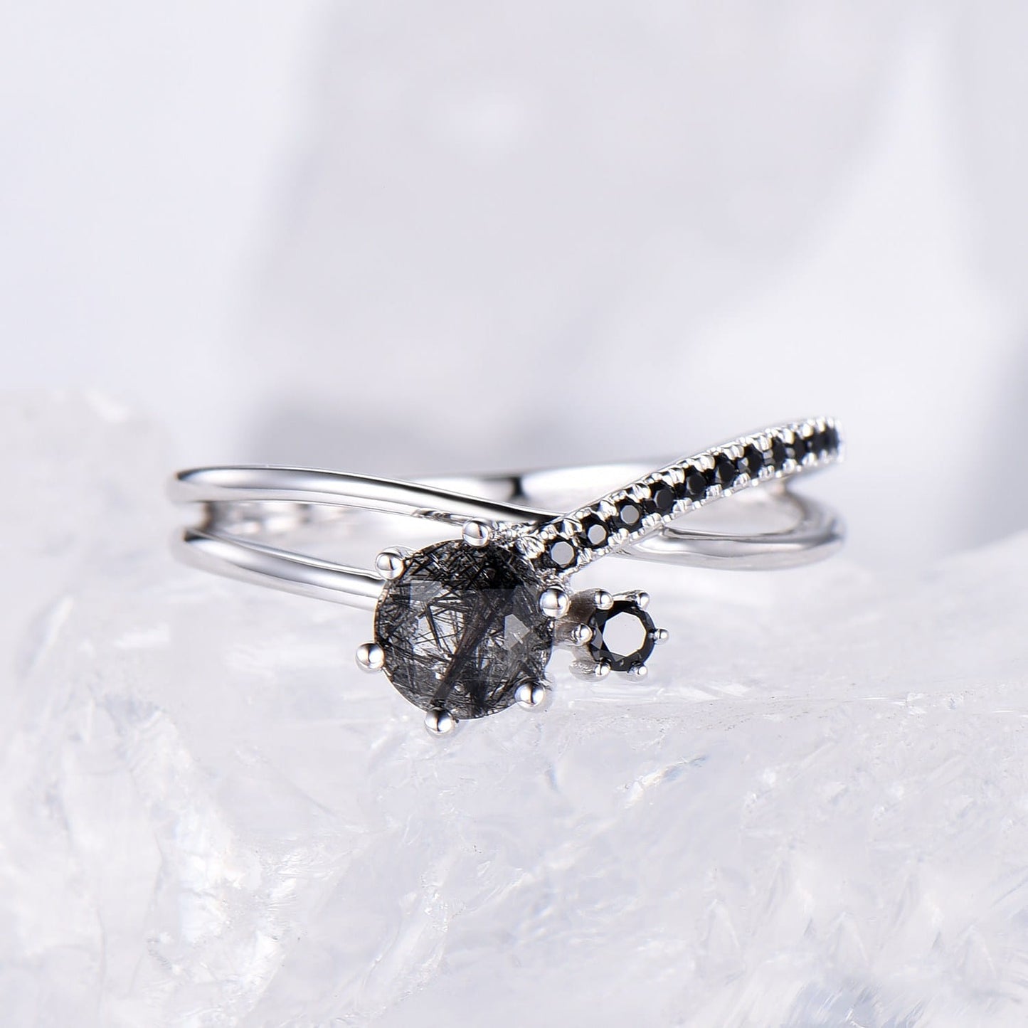 Vintage unique black rutilated quartz engagement ring Twisted black crystal gold wedding ring women spinel bridal ring anniversary gift - PENFINE