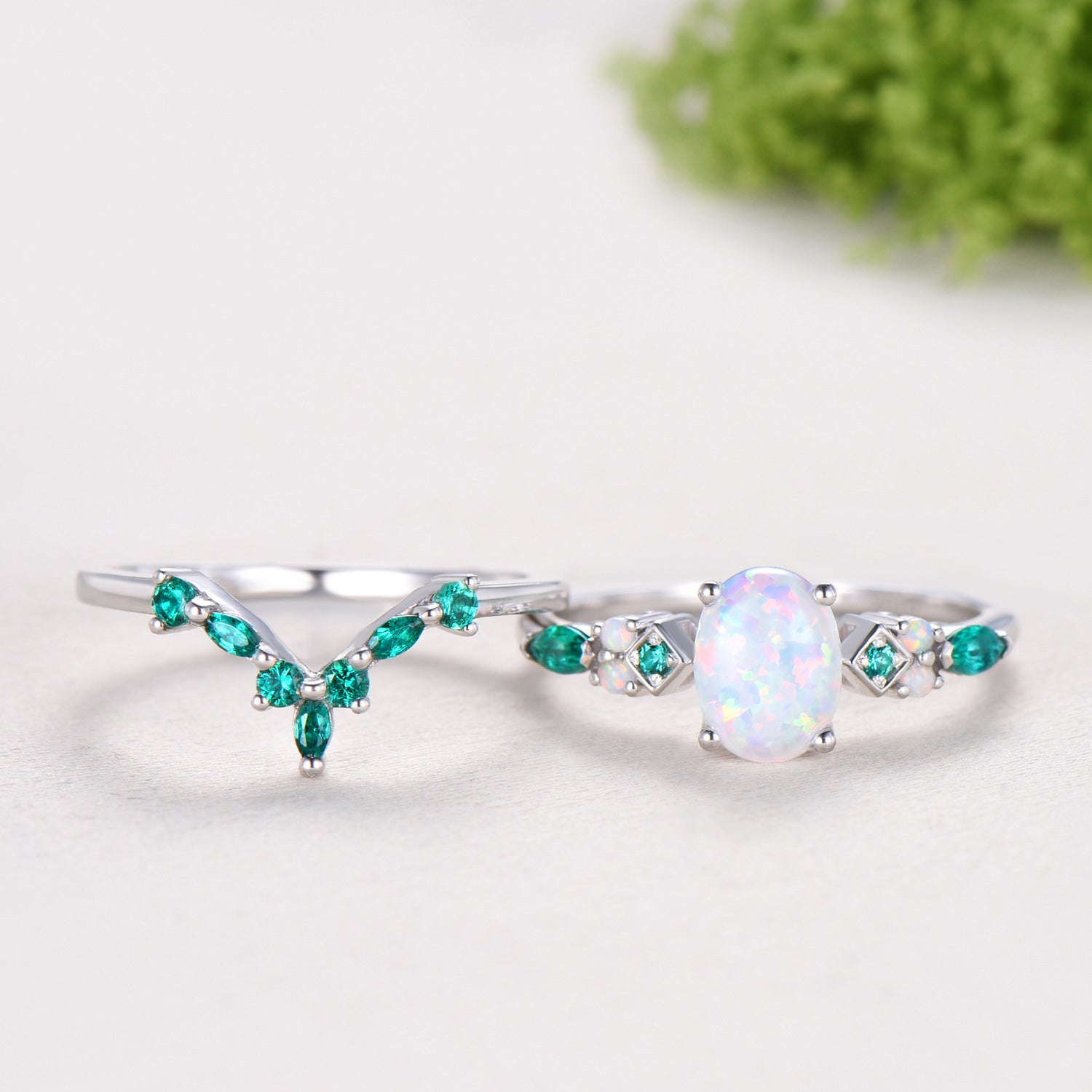 Unique Oval White Opal Engagement Ring Set , Art Deco Emerald/Turquoise Matching Band 14K White Gold Opal Emerald Wedding Bridal Set