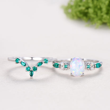Unique Oval White Opal Engagement Ring Set , Art Deco Emerald/Turquoise Matching Band 14K White Gold Opal Emerald Wedding Bridal Set