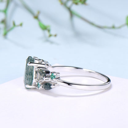 Unique Coffin Cut Moss Agate Ring Split Shank Engagement Ring Cluster Emerald Agate Wedding Ring MARRIED TILL BURIED Green Promise Ring Gift - PENFINE
