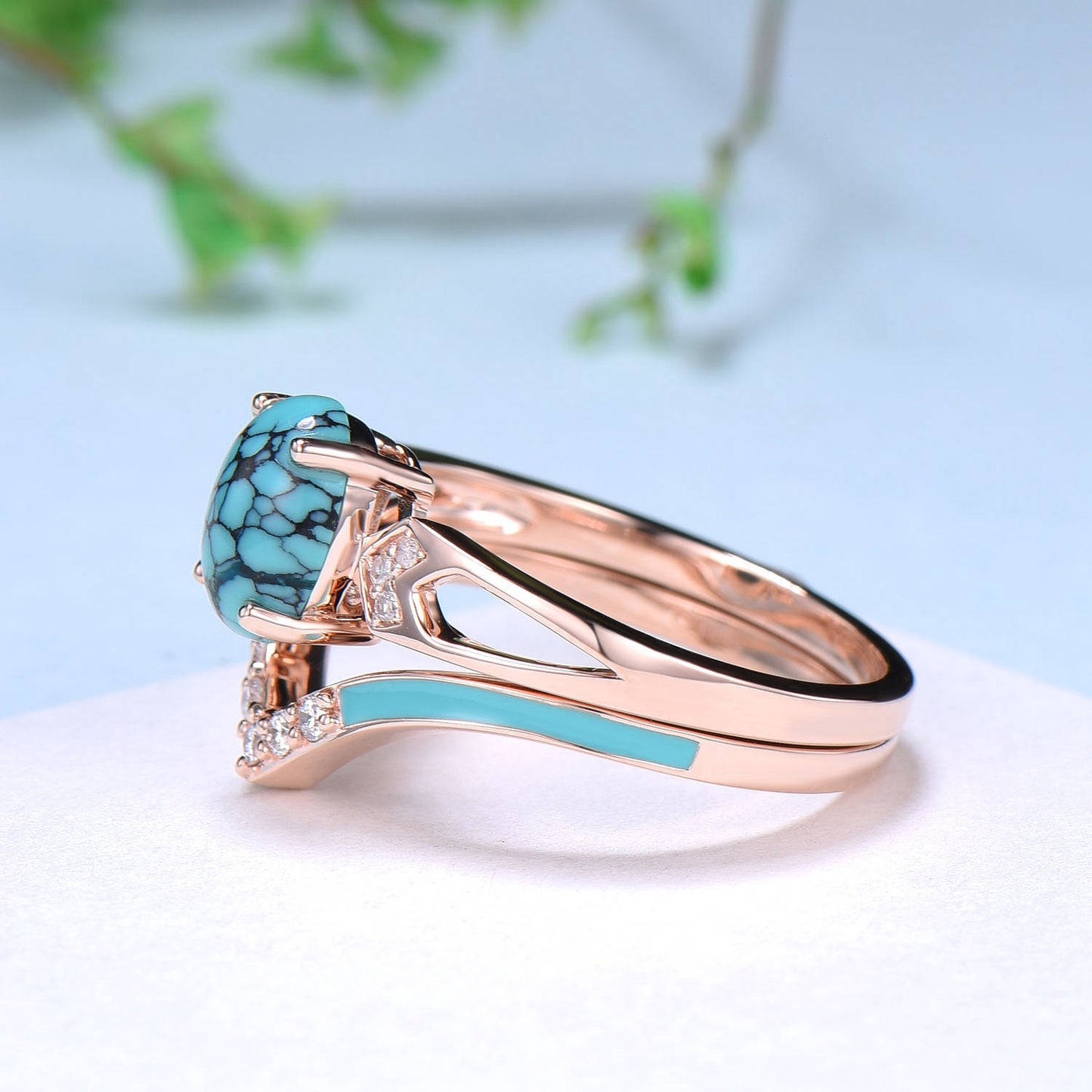 Unique Oval Turquoise engagement ring set 14k white gold vintage split shank engagement ring for women Blue Enamel Wedding Ring Antique Gift - PENFINE