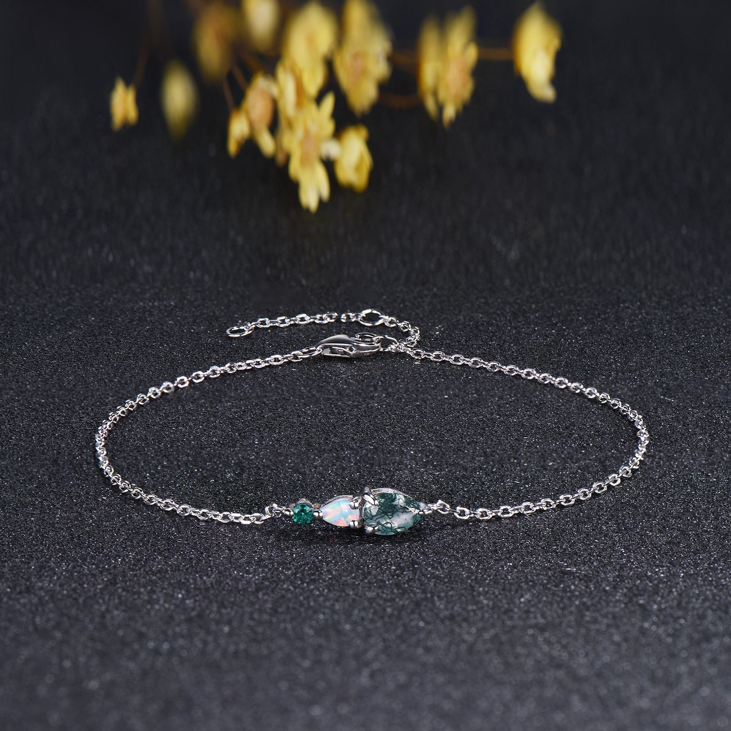 Dainty Teardrop Natural Moss Agate Opal Bracelet, May Birthstone Green Emerald Three Stone Wedding Bracelet Anniversary Gift for Women