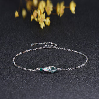 Dainty Teardrop Natural Moss Agate Opal Bracelet, May Birthstone Green Emerald Three Stone Wedding Bracelet Anniversary Gift for Women
