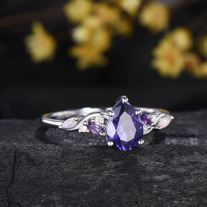 Celestial Tear Purple Sapphire Engagement Ring - Cluster Amethyst & Iridescent Opal Five Prongs