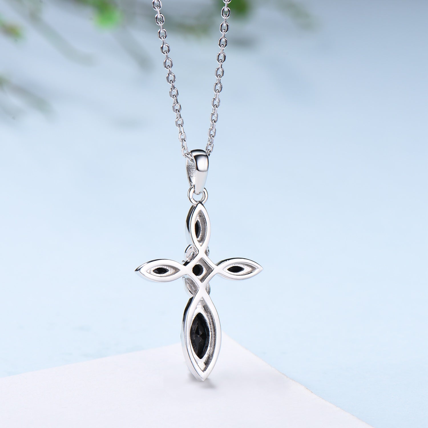 Dainty Black Spinel Cross Necklace, Sterling Silver Celtic Pendant - PENFINE