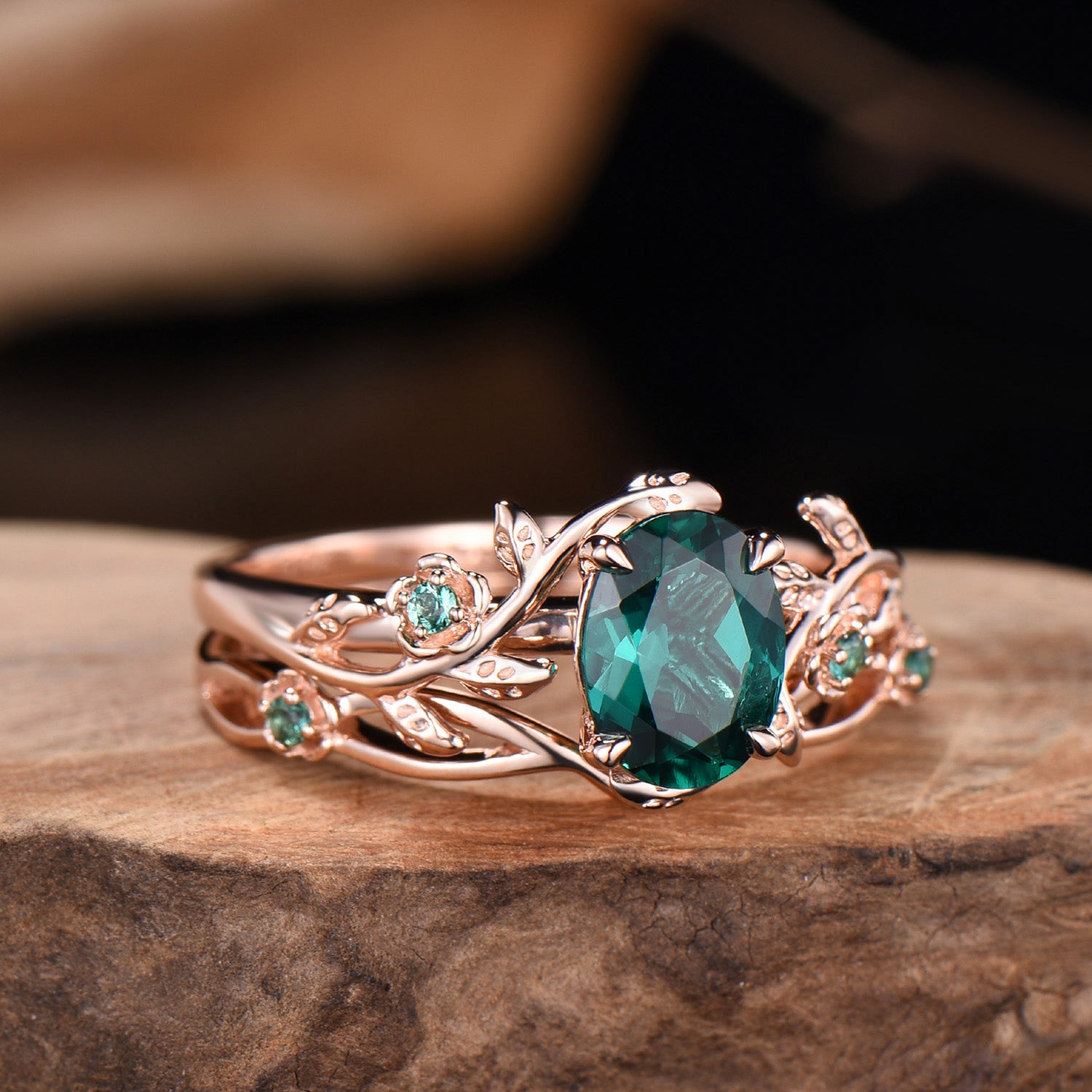 Emerald Floral Ring Set: Rose Gold Twig, Leaf, Art Deco Bridal Ring