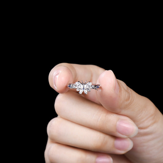 Handmade Butterfly Moissanite Engagement Ring, Sapphire Accent, White Gold