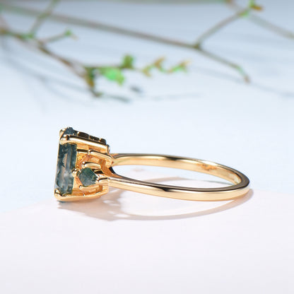 Elongated Hexagon Moss Agate Ring with Citrine Accents - Woodland Sunburst Ring - PENFINE
